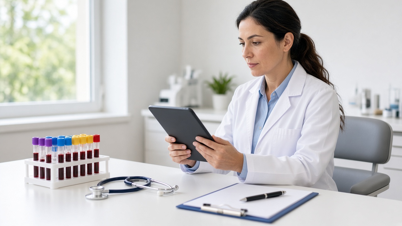 Clinician reviewing full body health checkup blood test results beside sample tubes in a diagnostic lab